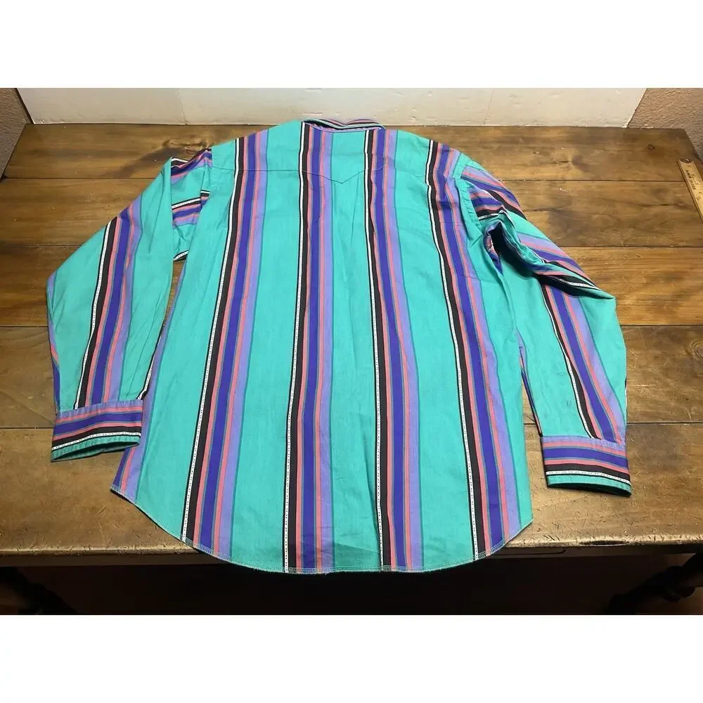 Vintage Wrangler Brushpopper Western Striped Button Up X-Long Tails 17x36 USA